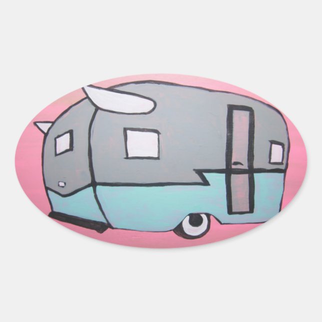 Retro Pink Airstream Trailer Oval Sticker (Front)
