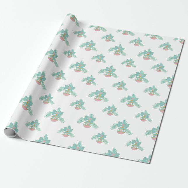 Retro Pink and Aqua ornaments  Wrapping Paper (Unrolled)
