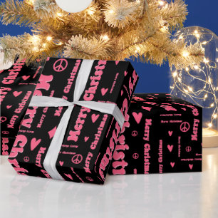 Retro Pink and Black Merry Christmas Peace & Love Wrapping Paper