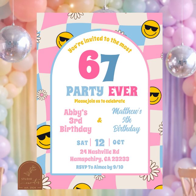 retro pink and blue checkered 67 joint birthday invitation (Creator Uploaded)