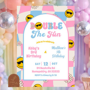 retro pink and blue checkered joint birthday invitation