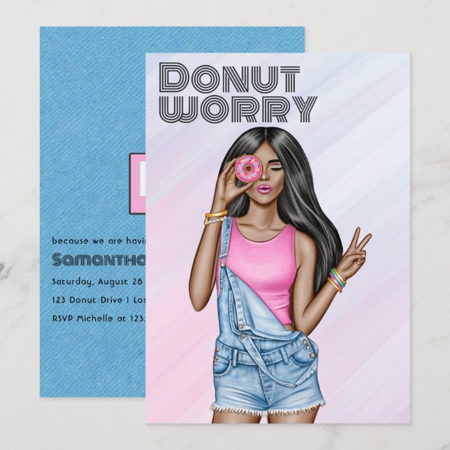 Retro Pink and Blue Donut Girl Birthday Party Invitation (Front/Back)
