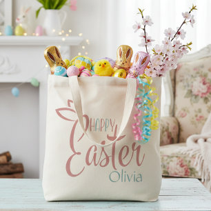 Retro Pink And Blue Personalized Happy Easter Tote Bag
