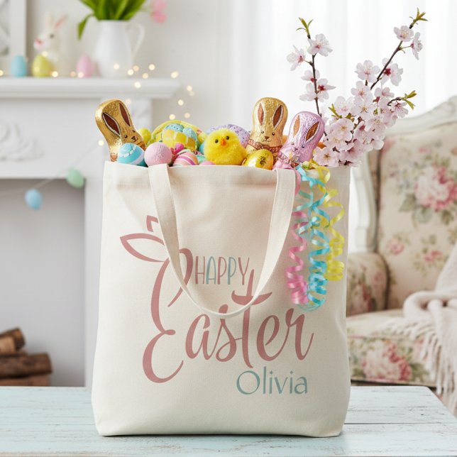 Retro Pink And Blue Personalized Happy Easter Tote Bag (Retro Pink And Blue Personalized Happy Easter Tote Bag)