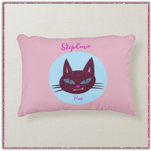 Retro Pink and Blue Purring Kitty Accent Pillow