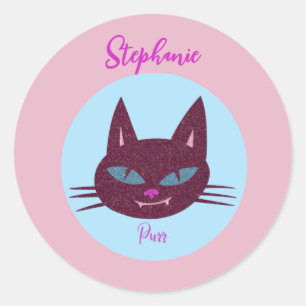 Retro Pink and Blue Purring Kitty Cat Classic Round Sticker
