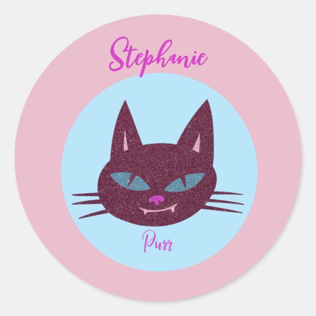 Retro Pink and Blue Purring Kitty Cat Classic Round Sticker (Front)