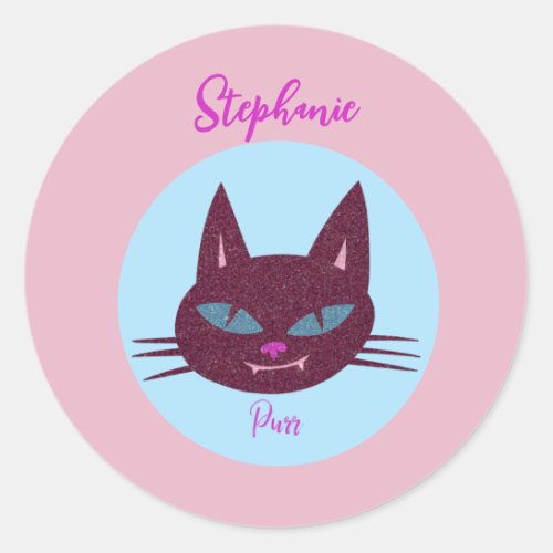 Retro Pink and Blue Purring Kitty Classic Round Sticker