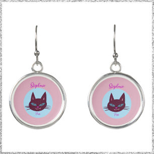 Retro Pink and Blue Purring Kitty Earrings