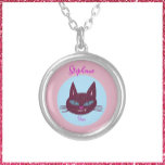 Retro Pink and Blue Purring Kitty Silver Plated Necklace<br><div class="desc">Retro pink and blue purring kitty.  Playful. Whimsical.</div>