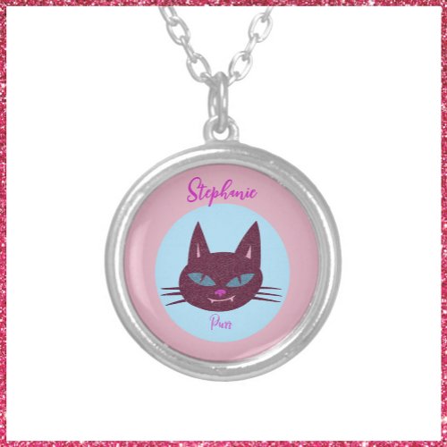 Retro Pink and Blue Purring Kitty Silver Plated Necklace
