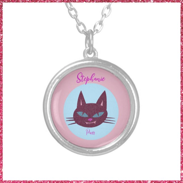 Retro Pink and Blue Purring Kitty Silver Plated Necklace (Creator Uploaded)