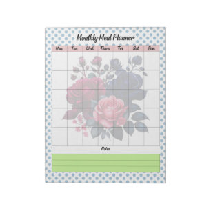 Retro Pink and Blue Roses Monthly Meal Plan Notepad