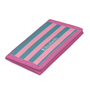 Retro Pink and Blue Stripes with Name Trifold Wallet