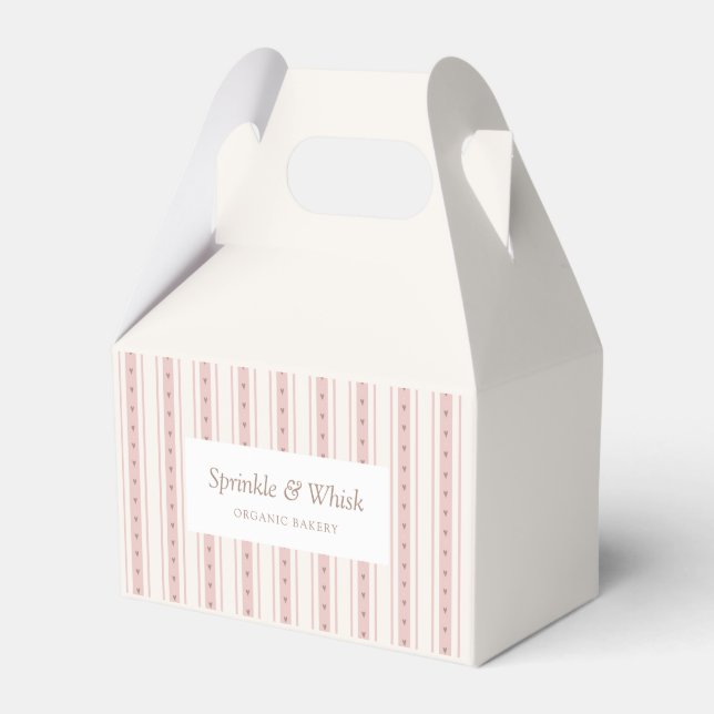 Retro Pink And Brown Heart Stripes Bakery Favor Boxes (Front Side)