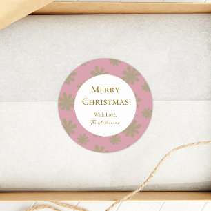 Retro Pink and Gold Floral Merry Christmas Party Classic Round Sticker