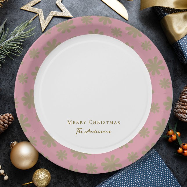 Retro Pink and Gold Floral Merry Christmas Party Paper Plates (Creator Uploaded)