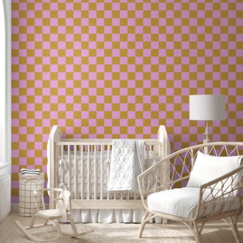 Retro Pink and Gold Geometric Checkerboard Wallpaper