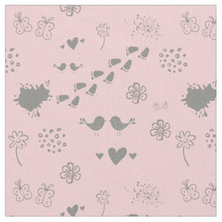 Retro pink and gray pattern of birds, dots, fo fabric