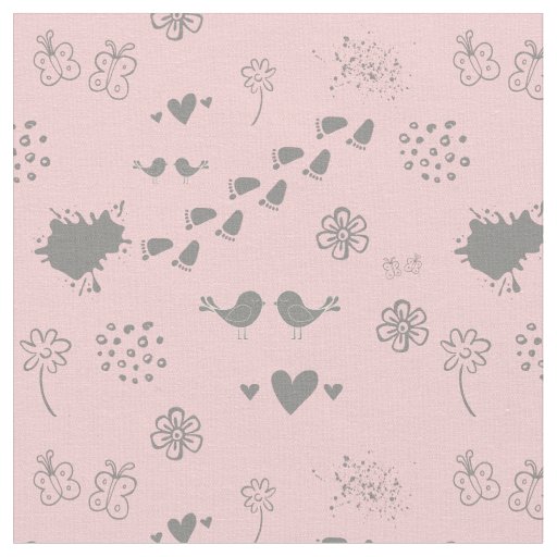 Retro pink and gray pattern of birds, dots, fo fabric