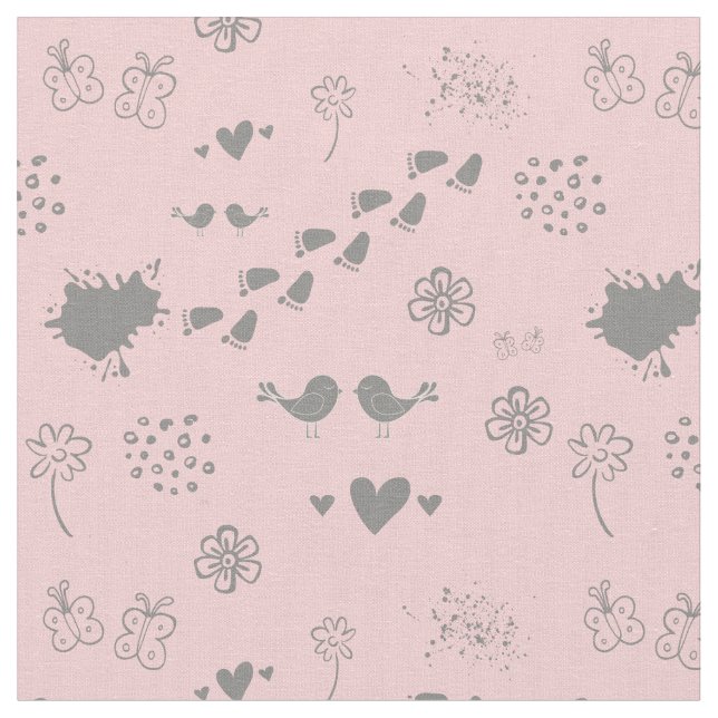 Retro pink and gray pattern of birds, dots, fo fabric (Close Up)