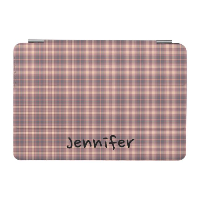 Retro Pink and Gray Plaid, Name,  iPad Mini Cover (Horizontal)
