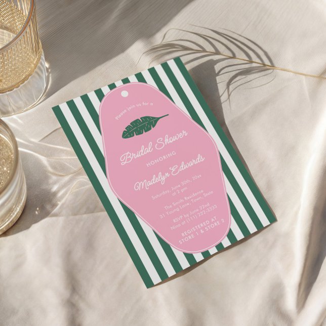 Retro Pink And Green Banana Leaf Bridal Shower Invitation (Midcentury modern pink and green Beverly Hills inspired bridal shower invitation with banana leaf)