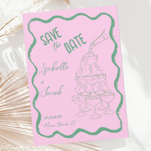 Retro Pink and Green Champagne Tower Save the Date Invitation (Creator Uploaded)