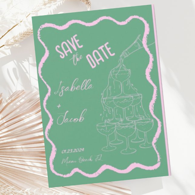 Retro Pink and Green Champagne Tower Save the Date Invitation (Creator Uploaded)