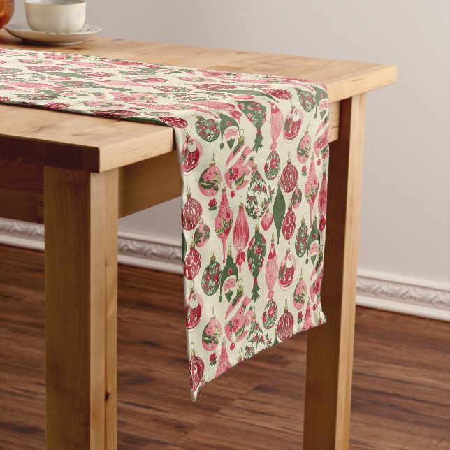 Retro Pink and Green Christmas Ornaments  Long Table Runner (In Situ)