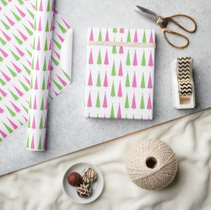 Retro Pink and Green Christmas Trees Wrapping Paper