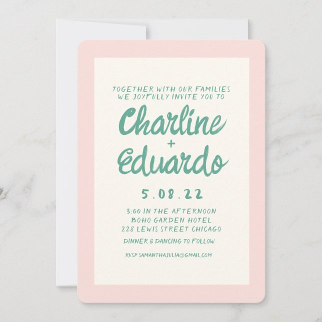 Retro Pink and Green Handwriting Wedding Invitation (Front)