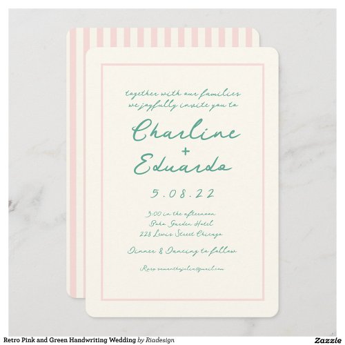 Retro Pink and Green Handwriting Wedding Invitation