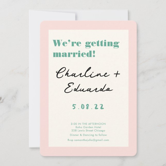 Retro Pink and Green Handwriting Wedding Invitation (Front)
