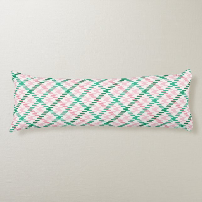 Retro pink and green houndstooth plaid pattern body pillow (Front)