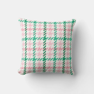 Retro pink and green houndstooth plaid pattern throw pillow