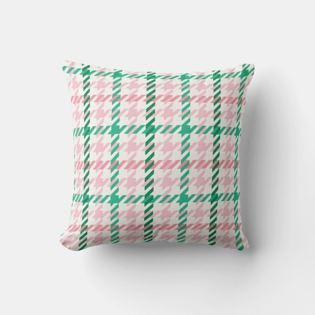 Retro pink and green houndstooth plaid pattern throw pillow (Front)