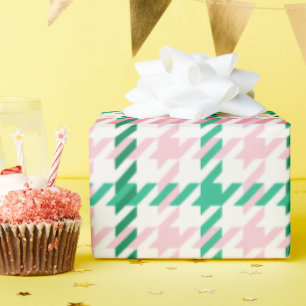 Retro pink and green houndstooth plaid pattern wrapping paper