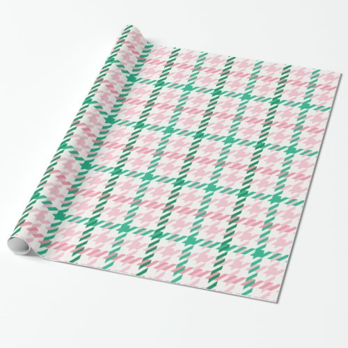 Retro pink and green houndstooth plaid pattern wrapping paper