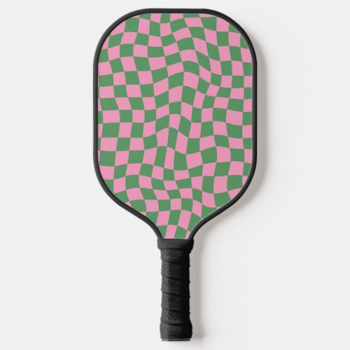 Retro Pink and Green Wavy Check Monogram Option Pickleball Paddle