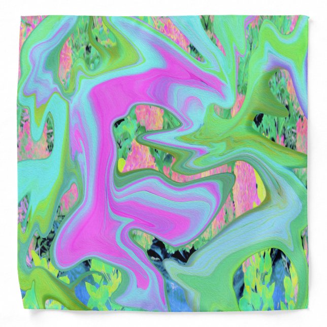 Retro Pink and Light Blue Liquid Art on Hydrangea Bandana (Front)