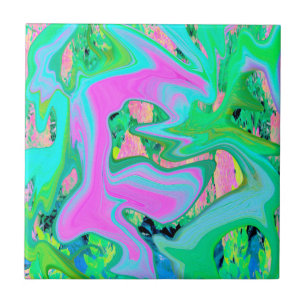 Retro Pink and Light Blue Liquid Art on Hydrangea Ceramic Tile