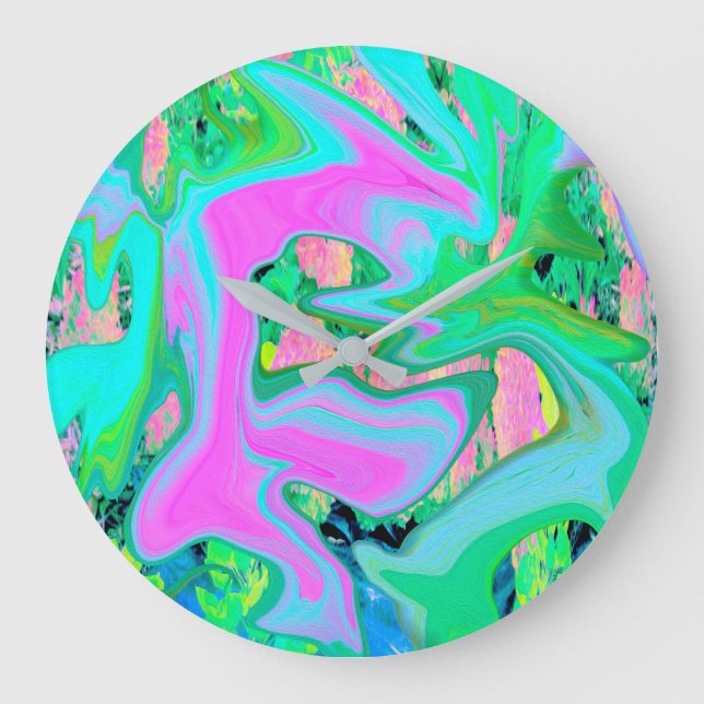 Retro Pink and Light Blue Liquid Art on Hydrangea Large Clock (Front)
