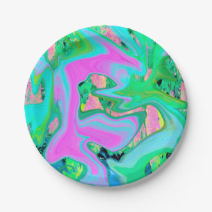 Retro Pink and Light Blue Liquid Art on Hydrangea Paper Plates