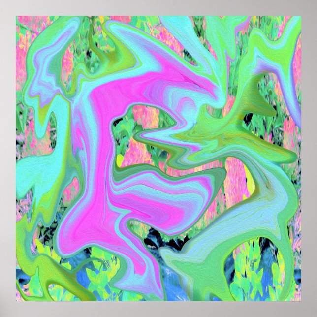 Retro Pink and Light Blue Liquid Art on Hydrangea Poster (Front)