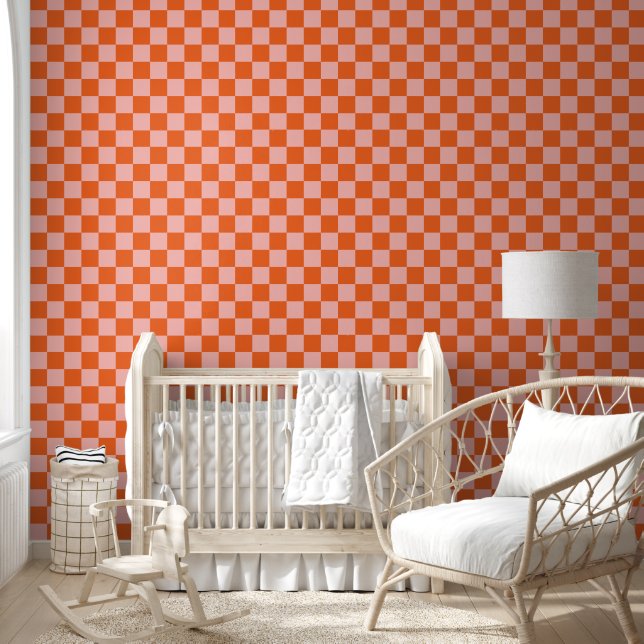 Retro Pink and Orange Checkered Box Pattern Wallpaper (Kids)