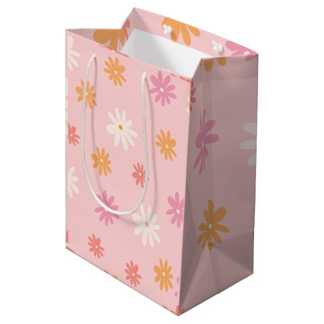 Retro Pink and Orange Daisy Floral Gift Bag (Back Angled)