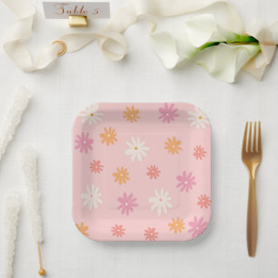 Retro Pink and Orange Daisy Paper Plates
