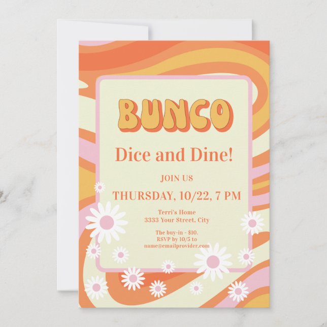 Retro Pink and Orange Floral Bunco Ladies Night Invitation (Front)