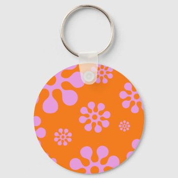 Retro Pink And Orange Hippie Flowers Keychain by macdesigns2 at Zazzle